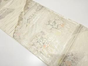 二重引箔　寺院風景模様織り出し　袋帯